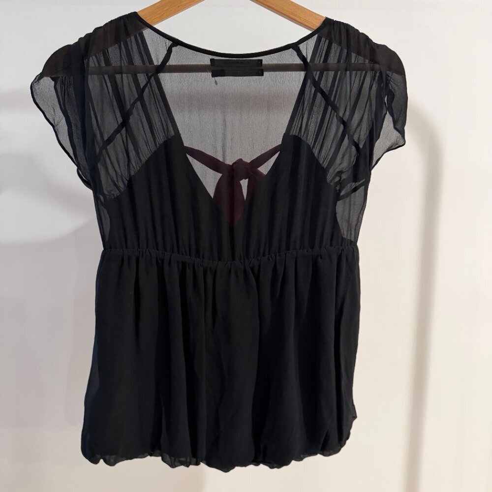 Club Monaco Black Silk Sheer Blouse Dark Fuchsia Bow Tie Front Size S - Picture 3 of 6